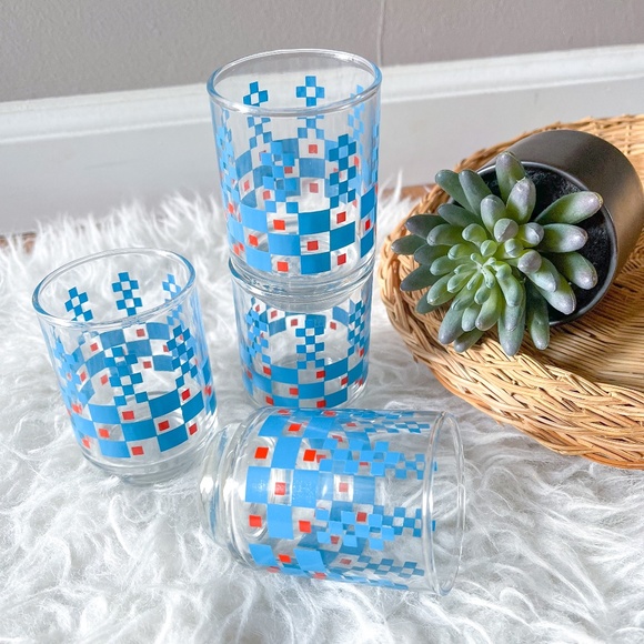 Set of 4 - Vintage Juice Glasses with Red and Blue Square Design